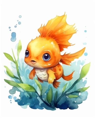 watercolor cute baby fish with sea moss clipart high quality