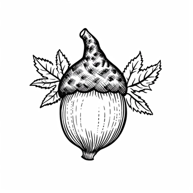 Black and white line art depicting a simple beautiful acorn, clip art style, white background, childrens illustration book style, Hand drawn