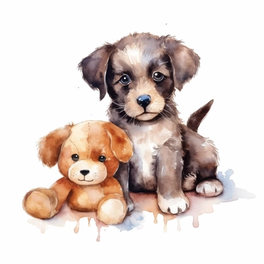 Watercolor puppies playing, with cuddly toy bone Clipart - cute dogs , Colour of brindle brown and cream, white background, vector art, high definition, clip art, ar 2:2