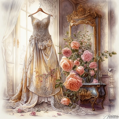 watercolor mixed media masterpiece a beautiful chic royal dress is hanging on a hanger in the white wardrobe, richly decorated with rose, pots with flowers, bedroom interior, provence, golden accents, shabby shic style, by Ivan Fedorovich Choultse style and by Rodney Matthews style and by Vladimir Kush style, Baroque style, PNG clipart, isolated on white, extreme photorealistic details, 32k HD resolution, realistic high detailization high resolution