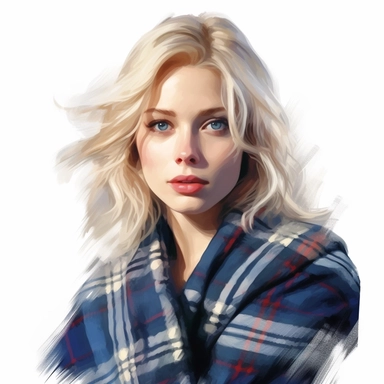 beautiful stunning pretty Scottish young woman , with blonde hair and blue eyes, vintage , paint art style, clipart, white background, superrealistic, one of a kind