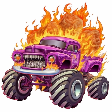 purple cartoon monster truck crushing an old car clipart isolated on a white background flames coming out of the back