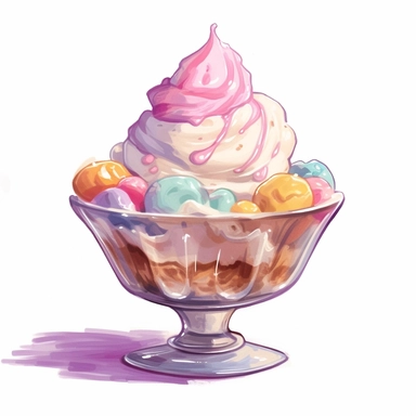 a drawing of a dessert featuring candy and whipped cream, icecream sundae, glass bowl, in the style of pastel toned, shiny/glossy, colorful fantasy realism, caffenol developing, warmcore, #screenshotsaturday, rubens, white background, isolated, free brushstrokes, watercolor illustration, clipart,