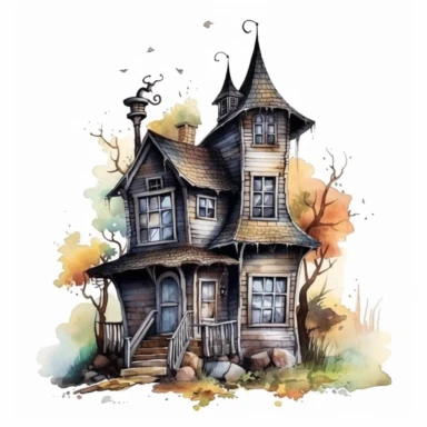 watercolor witch house, vintage style witch house, super high quality, professional watercolor clipart, high resolution, clip art, animals on the sides