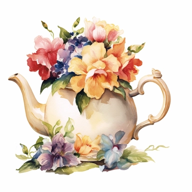 vintage floral tea pot watercolor clipart, white background