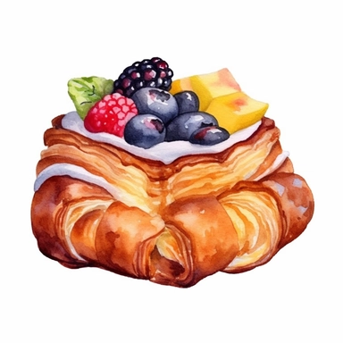 Danish pastry with fruit filling, watercolor illustration, clipart, sublimation, white background