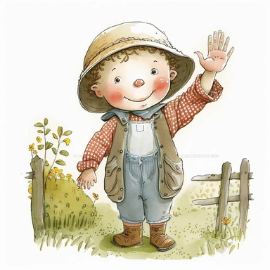 Cute - french style cute and funny a farmer smiling and waving hand for children book clipart, full body visible, detailed illustration, realistic, simple illustration, in the style of realistic watercolors, childlike innocence and charm, adorable eyes, rosy cheeks, shy posture, feminine sensibilities, realistic drawing in storybook illustration, pencil drawing by Angela Barrett, Elsa Beskow, 300 DPI, white background
