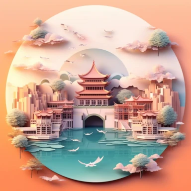 Ancient Chinese architecture landscape scenes, multidimensional paper style, fantastic gradient color, amazing works of art, multidimensional paper craft, soft colors, fisheye images, visual impact, 8 k images, art, dreamy, clipart, vision, bright color, oc rendering, 3 d relief, the figure in the face