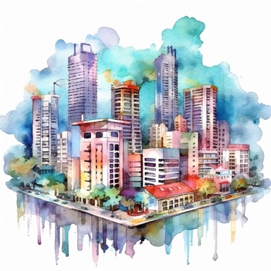 clip art watercolor, Future city, home, Full HD watercolor design, intricate details, colorful design, white background, smooth design, 8k