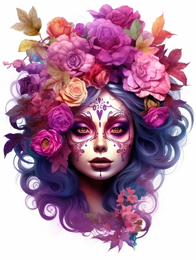 3d sugar skull girl with florals, in the style of fantasy art, 32k uhd, tim shumate, dark magenta and gold, luminous atmosphere, fantastical street, luminous,sticker art, clipart png, photorealistic, watercolor, digital painting, WHITE BACKGROUND, fantasy style, realistic, painting, 8k, ultra details,