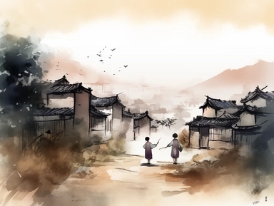 Children play in an ancient Chinese village in the distance. The back of an old man in robes far away. soft illumination, Impressionism style, Traditional Chinese Ink painting, Clipart, no background, trending in Artstation
