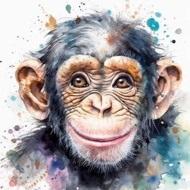 please create watercolor clipart of a baby chimpanzee facing to the right and smiling, face close view, colorful