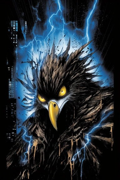 A dynamic, comic book-style clipart illustration of a swift superhero sparrow, adorned with electric blue feathers and eye-catching silver streaks, its bright yellow eyes conveying a sense of agility and intensity, the bird wearing a heroic cape and mask, embodying the spirit of a fearless guardian, its wings spread wide, showcasing its impressive wingspan and intricate feather details, captured mid-flight against a dramatic sky, the dynamic pose and vivid colors bringing a sense of excitement a