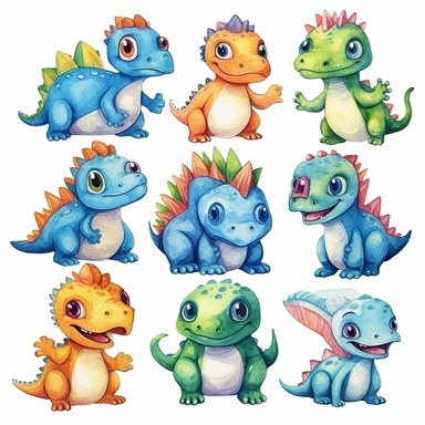cute dinosaurs, nursery clipart, watercolor, kawaii, big eyes, smiling, cute