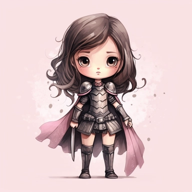 Clipart of a cute little girl brave warrior. She is brunette with black big eyes. The background is watercolour. Cute and modern knight outfit. full body. pink and black