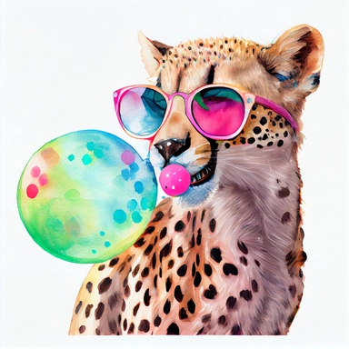 cheetah with sunglasses and bubble gum clipart watercolor on white background