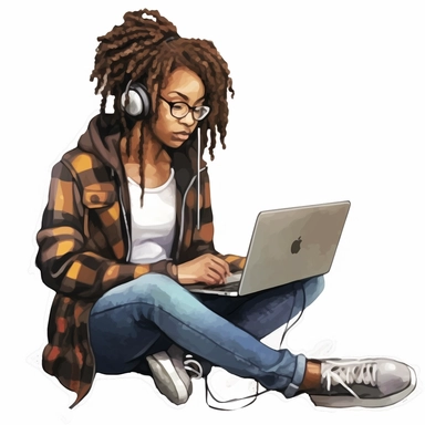 Black girl working on a laptop, cool hacker clothes, dreads, watercolor style, clipart solid white background