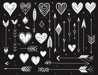arrow clipart set with hearts and arrows, in the style of whimsical line work, double lines, ornamental details and embellishments, simple line drawings, flat shapes, delicate markings, black lines, white background, made of all of the above, vector image