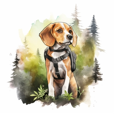 close up high detailed, Hand drawn watercolor clipart of a cute Beagle in redwood forest, on a white background