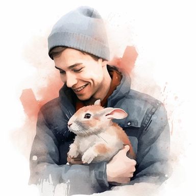 Adorable pet Rabbit having happy moment with it's human owner, water color style, clipart, white background