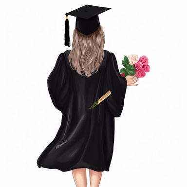 back of woman wearing a graduation cap and gown holding a bouquet of flowers and a scroll clip art 8k