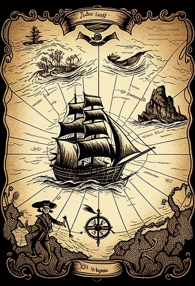 very detailed, high resolution image, hand drawn, dark ink, vintage, antique pirate treasure map, quest map. illustrations of clipper ship, compass, sea monster, mermaid and waves.