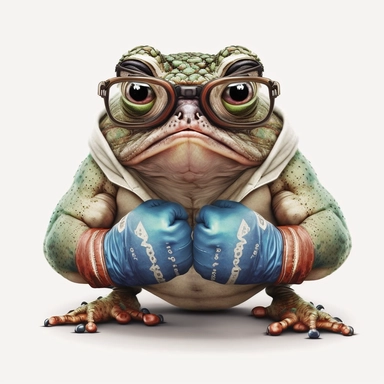 studious toad with glasses is boxing, vintage, funny, white background, clipart, no shadows, caricature