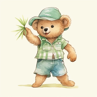 Cute baby bear clipart, happy expression, standing in dynamic pose, 1980s color scheme, wear play hat, hawaiian summer shirt, front view, in the style of watercolor cartoon clipart, kate greenaway style, high resolution, composition free space,watercolour clipart, watercolor illlustration for kids and children, isolated white background, clipart most popular on etsy, book illustration, featured on dribble, print on demand image, PNG tranparent background, composition medium shot, no text