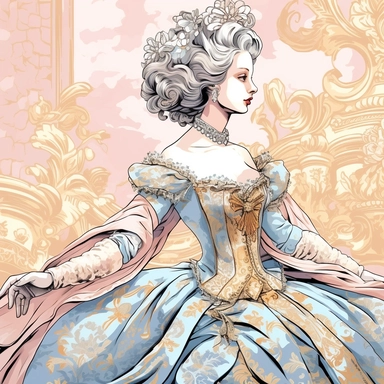 vintage style Detailed light and shadow, 2D outline, A beautifully patterned neo rococo Victorian baroque hyper realistic french court victoria bow-adorned woman in 18th-centrury regal queen white ball gown in varying hues of pale pink, blue and yellow, stunningly beautiful, refined and sophisticated, Hand drawn, cicely mary barker ,realistic watercolor, Clipart, emotionally pleasing watercolor, i can't believe how beatiful this is,accurate detailed line art, white background, intricate detail, 