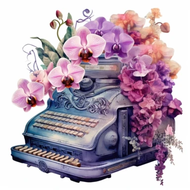 a watercolor enchanted old and used 1900 cash register profil view, enchanted collector's item surrounded by an arrangement of a number of dramatic extravagant saturated digital purple 3D giant orchid, in the style of large-scale photography, lush detailing, watercolor style, pastel colors, playfully intricate, made of flowers, bloomcore, clipart, transparent png background