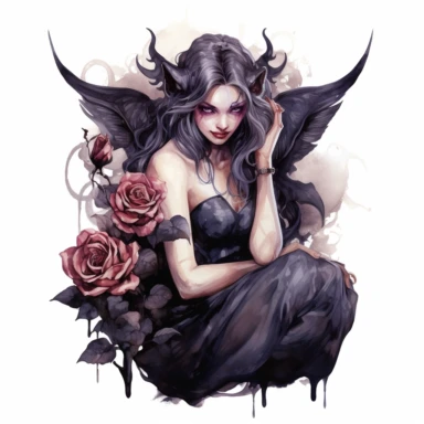 dark and evil fairy having dark roses near her, 8K, ultra details, isolated white background, clipart, hand drawn, hand drawn art, in the style of ultra-detailed watercolor hand drawn collections, HD watercolor collections, soft watercolor, inllustration, high-quality watercolor collections, hand-drawn watercolor collections, and precise watercolor collections made by a professional watercolor artist with attention to detail,