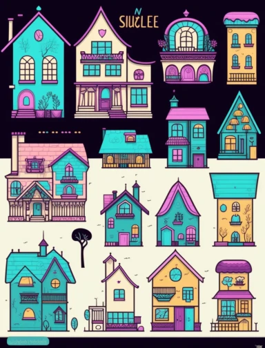 big houses and small houses, clipart style, vector, logo, cute, golden, purple, teal, pink, lite blue, picture book style, children's lesson book, captivating, kid friendly cute character, black and white, coloring book style, cartoon style, vector image, simple, line art style, character, white background