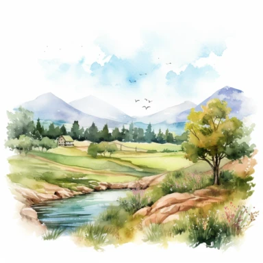 watercolor clipart of a beautiful landscape, vibrant, high quality, detailed, soft colors, flat white background