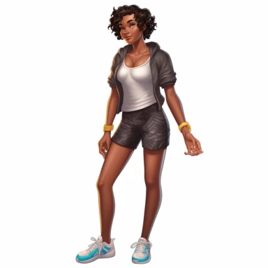 beautiful black teenage girl with beautiful flowing short hair, dressed in fitness attire. Full perspective and, long shot A young black woman with full lips and a big beautiful smile, dressed in a jogger, has short flowing hair and beautiful shapely legs, wearing sneakers, clipart in the style of digital airbrushing, feminine sticker art, dollcore, realistic face, realistic body, glamorous,
