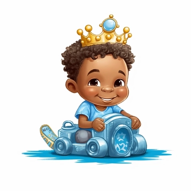 seameless isolated blue crown plush blue toy train, african- american boy happy illustrations clipart crisp white background