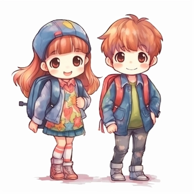 cute children back to school clipart, new normal, in the style of vibrant manga, single object, watercolor illustration, high definition 24k, white background for removing background