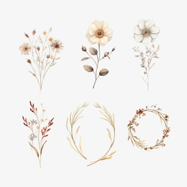 A watercolor Wild Flower Clipart Wreatts neutral colors, flowers are separated one from the other, Boho Minimalist, extremely 4k quality, by Daniprint Etsy store