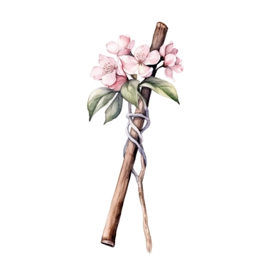 hand drawn , watercolor, hyper realistic, white background, white margins, 16k, ultra detailed clipart, cut out image, hand-drawn, ultra HD, sharp and clean art a vintage hiking stick with delicate floral , capturing the romantic and feminine aesthetics often associated with vintage fashion and travel. light pink pastel