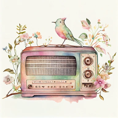 Vintage old radio ( a little floral, bird on radio) pastel rainbow watercolor clipart