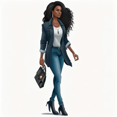 clipart of full body black woman with nice saco for cool weather with blue jeans. elegant loking realistic looking, full body with elegant shoes shoes, hd