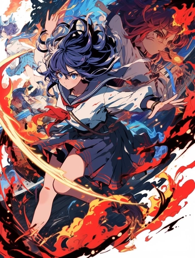 Poster, Ikki Tousen Ryomou Shimei Japanese manga series, paint art style, clipart, school background, superrealistic, one of a kind. The artwork features a dynamic, action - packed composition, with swirling energy blasts and dynamic poses adding to the sense of motion and excitement. The lighting is dramatic and moody, with deep blues and purples creating a sense of tension and danger. The overall mood is one of fierce determination, as Frieza battles to overcome his opponents.