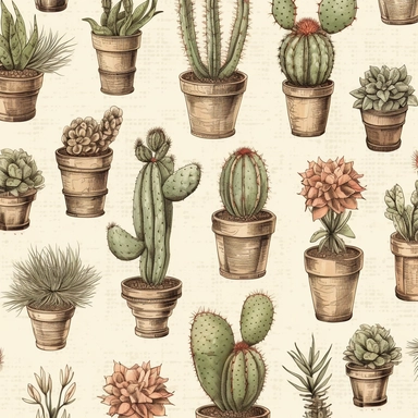 Vintage seamless pattern of cactus and succulents pencil sketch, ephemera paper design with ornate illustrations, vintage, distressed textures, muted colors, craft paper texture, handwriting lines in background, pen and ink on paper with watercolor washes Watercolor, vector, white background, rice paper texture, clipart, Seamless patterns, repeating patterns design, flat illustration, outlined , Vector, 4K, Art station, digital print, highly detailed clean, detailed illustration, 3D vector art, 