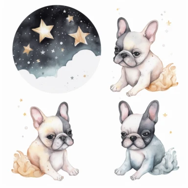 celestial watercolour French Bulldog clipart, on white background, stars, nebula, moon, galaxy, soft colours