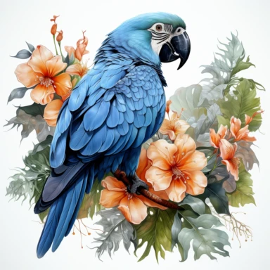 hyperrealistic ultra detailed watercolor clipart, blue parrot with jungle flowers, white background, in the style of digital print, clipart, illustration, sticker, ultra high definition, rich details, 32K, HD