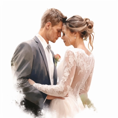Wedding bride and groom, clipart, white background, in the style of elegant realism, muted and subtle tones, detailed painting, transparency and lightness