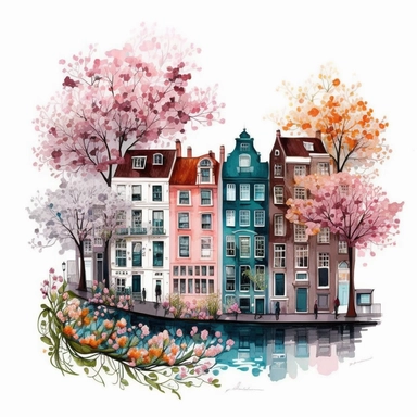 Very very cute and Whimsical quirky row houses, Amsterdam canal, bridges and water, town houses, tree blossom, colorful, Watercolored illustration in the style of Michael Powell, clipart, white background