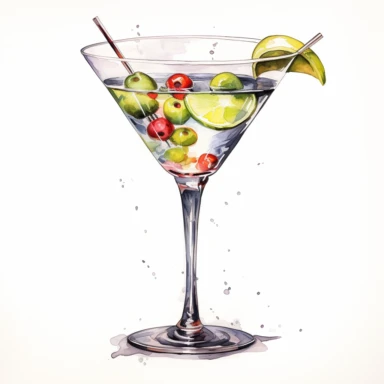 a Martini cocktail, strong colors, border, 8K, dark watercolor, ultra details, isolated white background, clipart, hand drawn, hand drawn art, in the style of ultra-detailed oil painting pontilism hand drawn collections, pontillism brush, scumbling, HD oil painting collections,