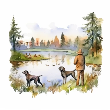 watercolor hunting scene in forest or fields with lake in vicinity on white background with setter and pointer dogs in pointing stand , illustrations clipart set, simple, , cartoon elements ,different variants , natural elements, separate elements with a margin, ,4k, high resolution, , natural colors, vibrant green tones, birds,