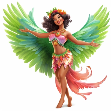 a beautiful happy fairy, hawaiian hulu dancer, full body image, big wings, clipart, white background