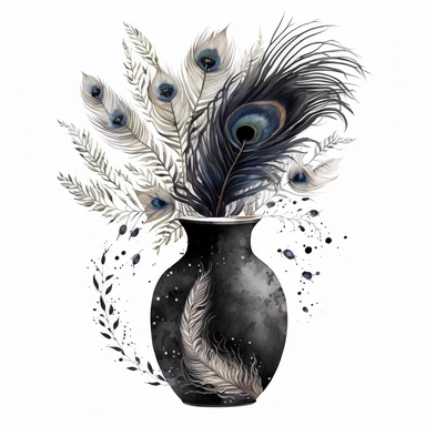 CLIPART WATERCOLOR BLACK VASE WITH WHITE MOISAIC ON IT, FILLED WITH WHITE AND BLACK PEACOCK FEATHERS
